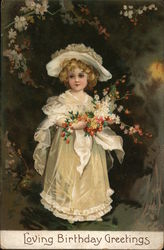 A Woman Dressed Up and Holding Flowers Postcard