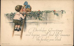 Children Kissing Over a Fence Birthday Postcard Postcard