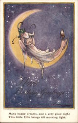 Happy Birthday Greetings - An Elfie Sitting on the Moon Postcard