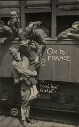 On To France - People Saying Goodbye on a Train Postcard