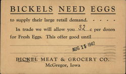 Correspondence Card from Bickel Meat & Grocery Co., McGregor, Iowa Postcard
