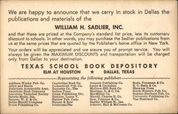 Advertisement from Texas School Book Depository, Dallas, TX Postcard