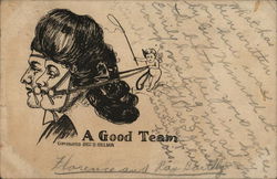 "A Good Team" - Cupid Holding Reins of Harnessed Couple Comic Postcard Postcard