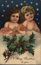 Boy and Girl Posing in Front of Holly Children Postcard Postcard