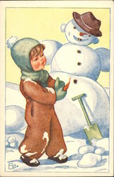 Child making Snowman Snowmen Postcard Postcard