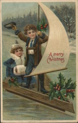 "A Merry Christmas" - Children on Makeshift Sailboat "A Merry Christmas" - Children on Makeshift Sailboat