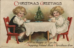 Christmas Greetings - Children Eating Bowls of Soup Postcard