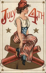 "July 4th" - Liberty Sitting Atop Bell Postcard