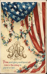 Initials "G. A. R." in Gold Script With Flowers And Flag Patriotic Postcard Postcard