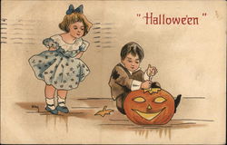 "Halloween" - Kids Carving a Pumpkin Postcard