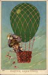Easter Greetings - Girl Drops Flowers From Hot-Air Balloon Egg With Children Postcard Postcard