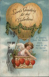 "Love's Greeting To My Valentine" - Cupid in Heart-Shaped Hot-Air Balloon Postcard