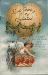 "Love's Greeting To My Valentine" - Cupid in Heart-Shaped Hot-Air Balloon Postcard Postcard