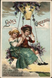 Love's Greetings - Boy and Girl on a Swing Hot Air Balloons Postcard Postcard