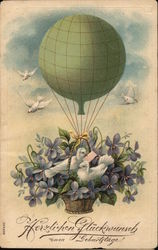 Hot Air Balloon with Birds and Flowers, German Language Postcard