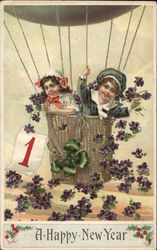 A Happy New Year - Two Girls Waving From Basket of Balloon Children Postcard Postcard