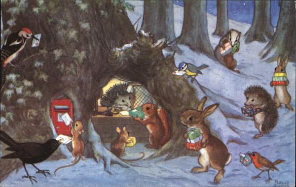Animals Going to Post Office in Forest, Winter Multiple Animals