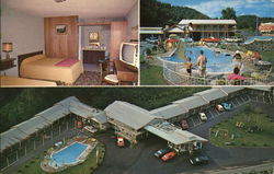 Bedroom, Pool Area & Aerial View of Virgil's Motel Postcard