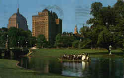 Swan Boats and Back Bay Skyline from Public Garden Postcard