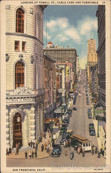 Looking Up Powell St., Cable Cars and Turntable San Francisco California