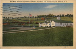 Park Showing Veterans' Memorial Building & Picnic Pavilion Postcard