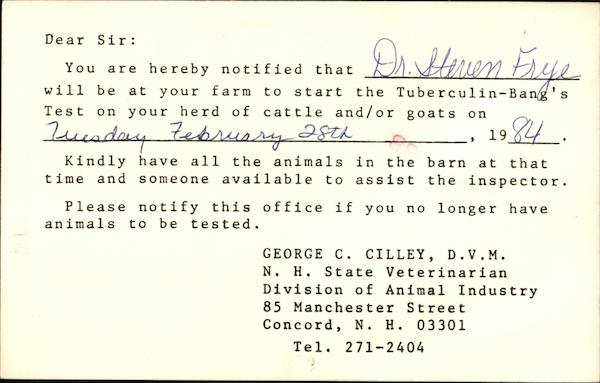 NH State Veterinarian, Division of Animal Husbandry Concord New Hampshire