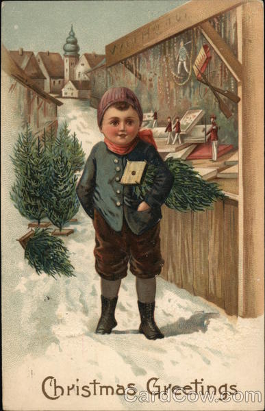 German Boy in front of Christmas Market Stall Children