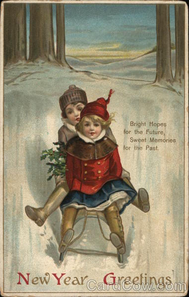 New Year Greeting - Two Children on Sled