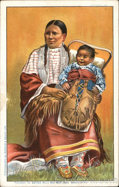 Illustration of Native American Woman with Child in Carrier