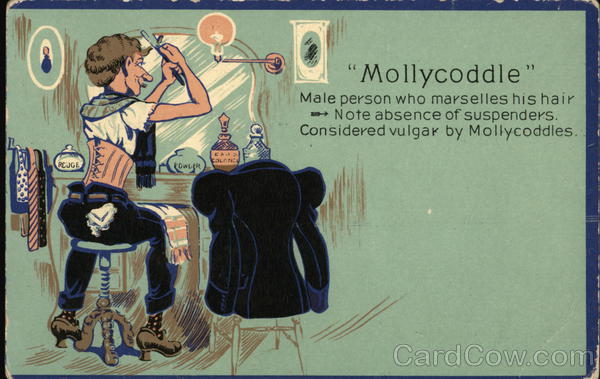 Mollycoddle - Man Wearing Corset Grooming Hair in Mirror