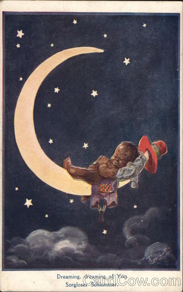 Child Sleeping on Crescent Moon with Hat Hanging from Tip