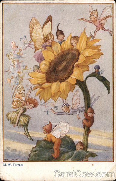 Little Fairies Flying and Sitting around a Sunflower