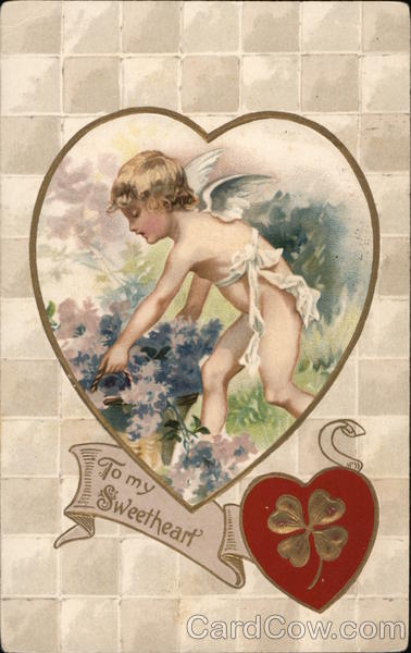 To My Sweetheart - Cupid Lifting Bushel of Flowers