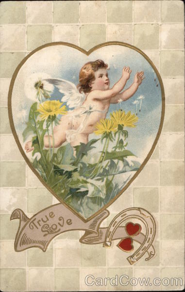 True Love - Heart-Shaped Inset of Baby Cupid Among Flowers