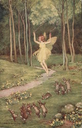 "She Is A Spring Fairy" - Bunnies and Fairy Dancing in Woods Postcard