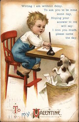 To My Valentine - Boy in Red Chair Writing At Table, Dog In Basket Looking On Children Postcard Postcard Postcard