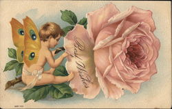 Fairy Painiting "Best Wishes" on Pink Rose Postcard