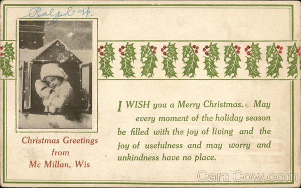 Christmas Greetings from McMillan, Wis. Wisconsin Children Postcard