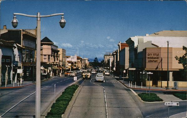 Downtown Street of University Avenue, Looking East from the R.R. Overhead Palo Alto California