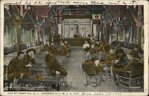 Life at Camp Dix, Interior of Y. M. C. A. Hut Fort Dix New Jersey