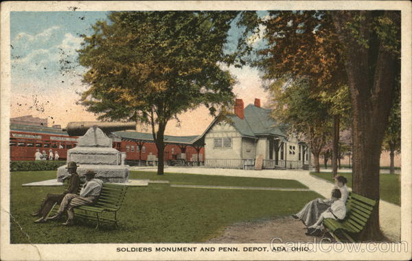 Soldiers Monument and Penn. Depot Ada Ohio