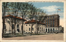 Library, Post Office and First National Bank Postcard