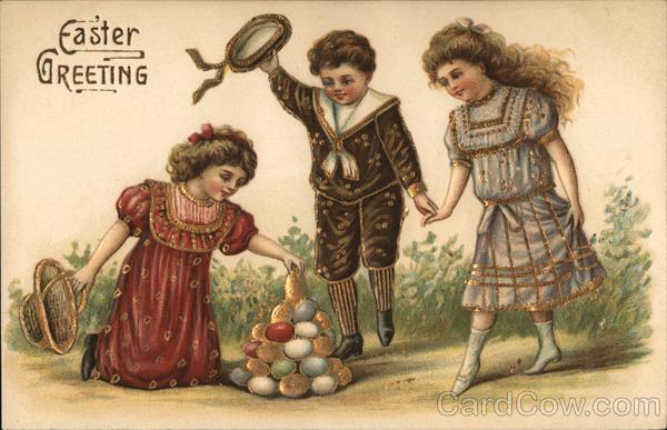 Easter Greeting-Children Putting Easter Eggs in a Pile.