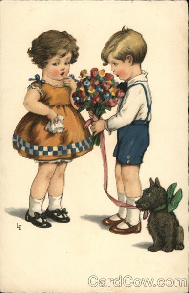 Boy Giving Girl Flowers Children