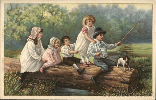 5 children and a dog sitting on a log.