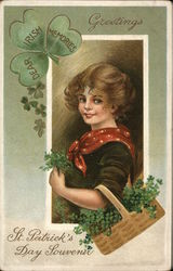 Greetings: Dear Irish Memories - Woman Holding a Basket of Clover St. Patrick's Day Postcard Postcard Postcard