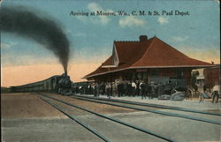 Arriving at C. M. & St. paul Depot Monroe, WI Postcard Postcard Postcard