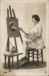 Woman Painting Semi-Nude Self Portrait Postcard