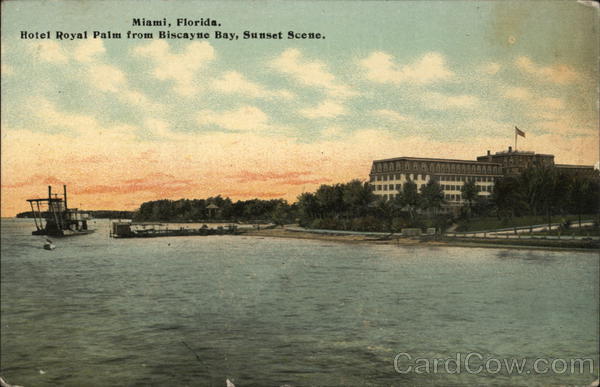 Hotel Royal Palm From Biscayne Bay, Sunset Scene Miami Florida