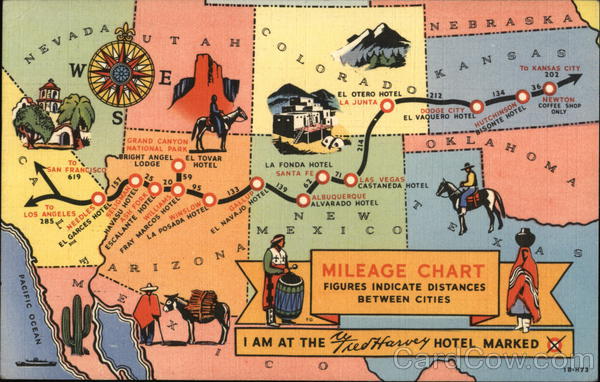 Mileage Chart: Fred Harvey Hotels Maps